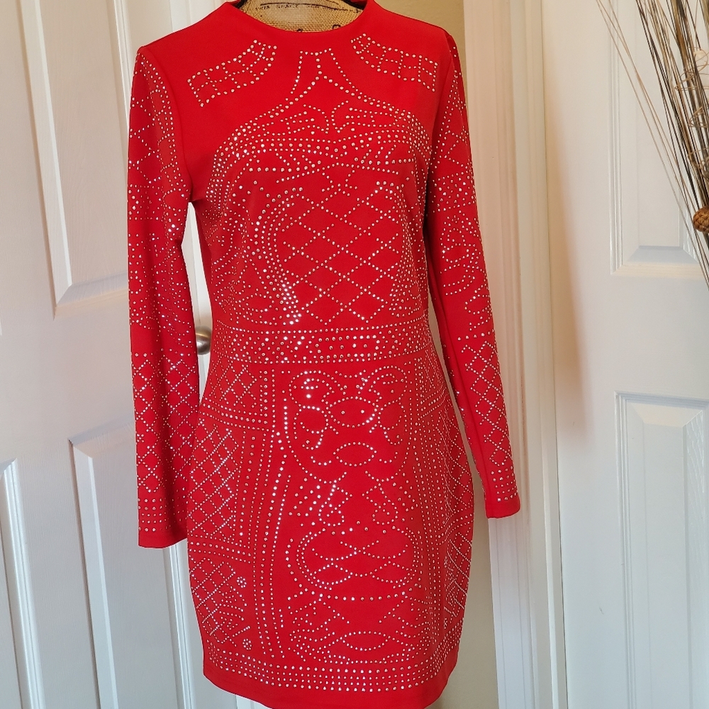 Rhinestone Embellished Red Cocktail Dress